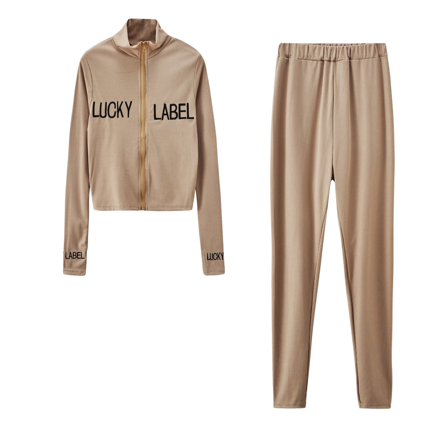 Women's High-Necked 2-Piece Sport Suit with Embroidered Letters And Zipper Casual Polyester Pant Set