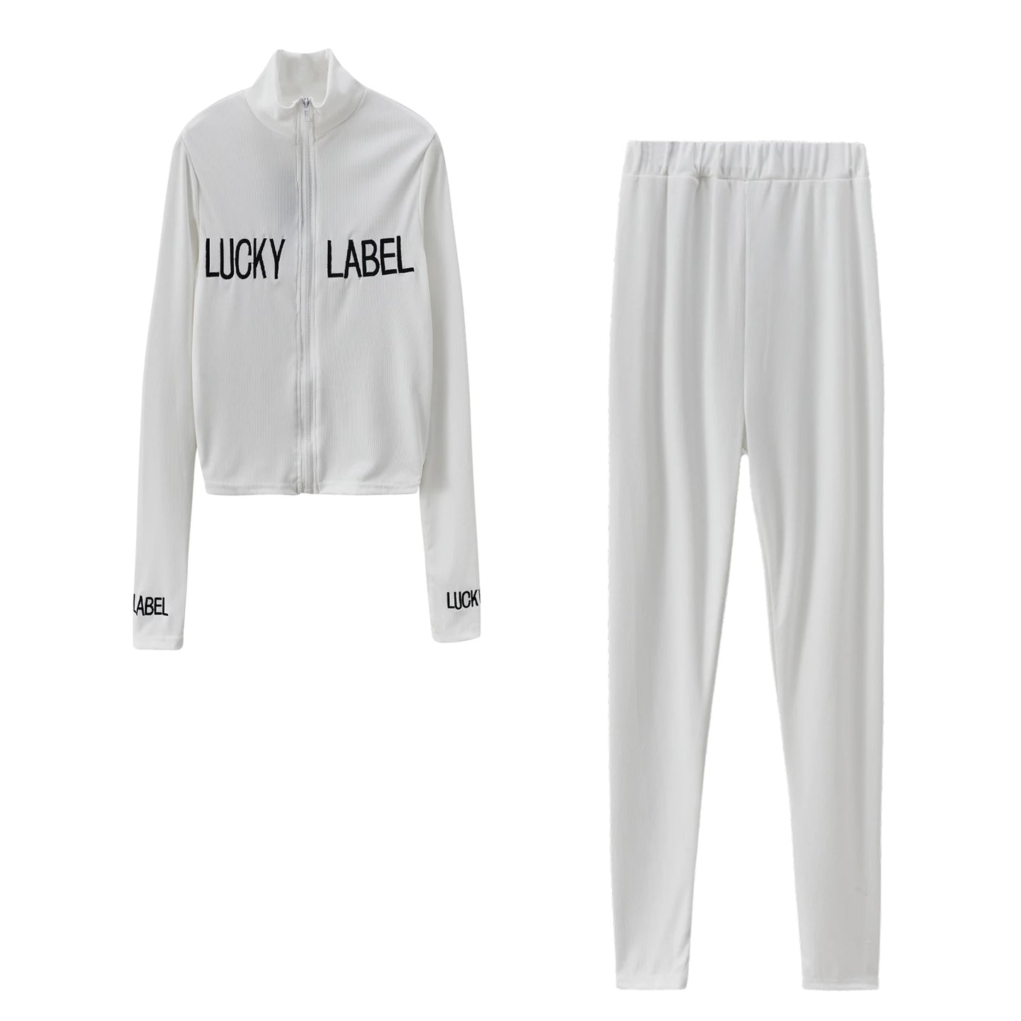 Women's High-Necked 2-Piece Sport Suit with Embroidered Letters And Zipper Casual Polyester Pant Set