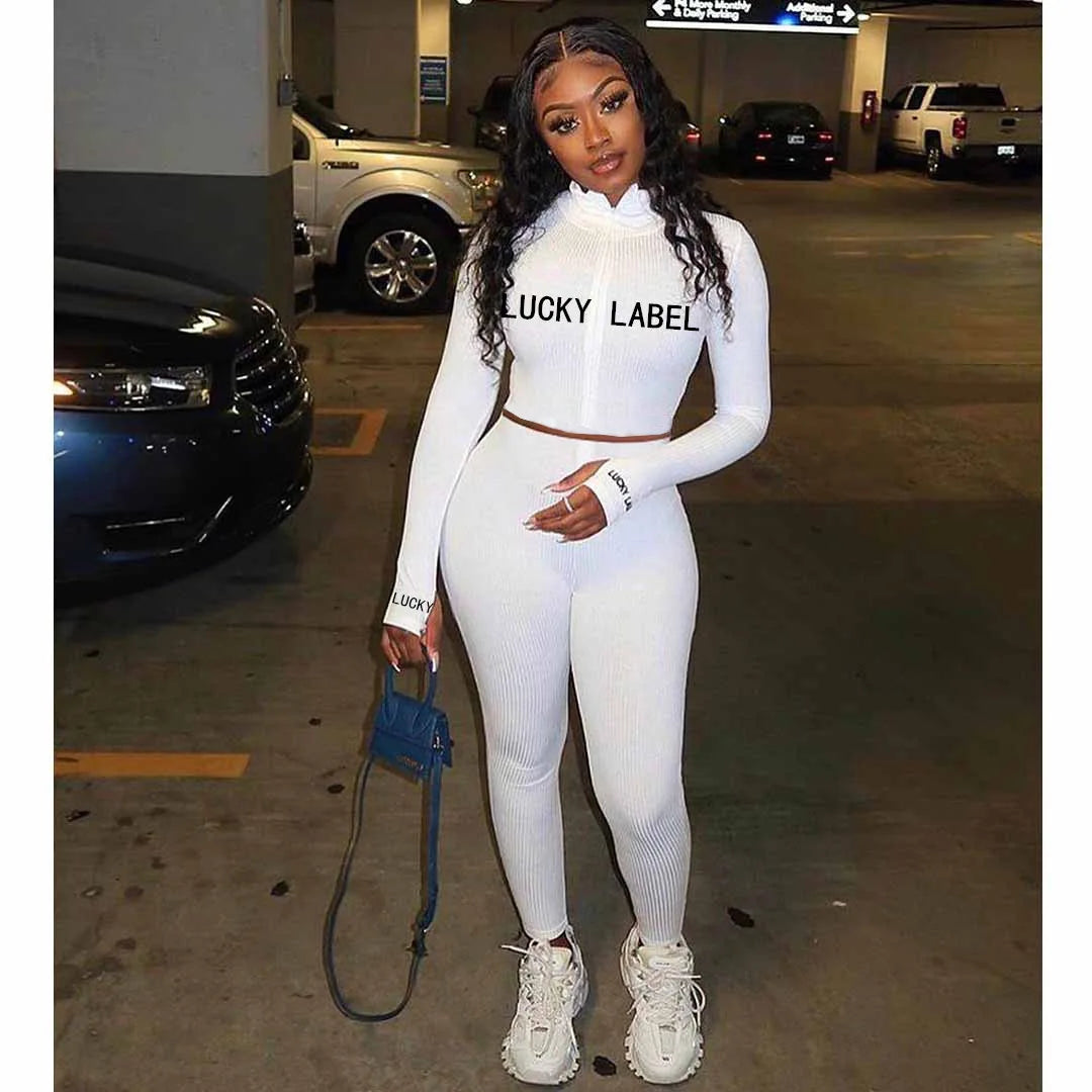 Women's High-Necked 2-Piece Sport Suit with Embroidered Letters And Zipper Casual Polyester Pant Set