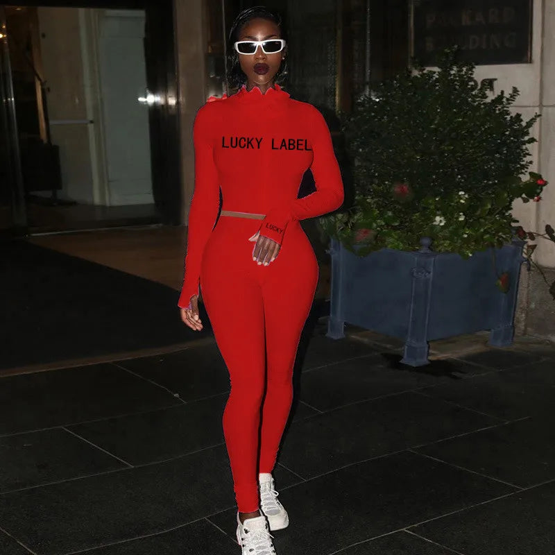 Women's High-Necked 2-Piece Sport Suit with Embroidered Letters And Zipper Casual Polyester Pant Set