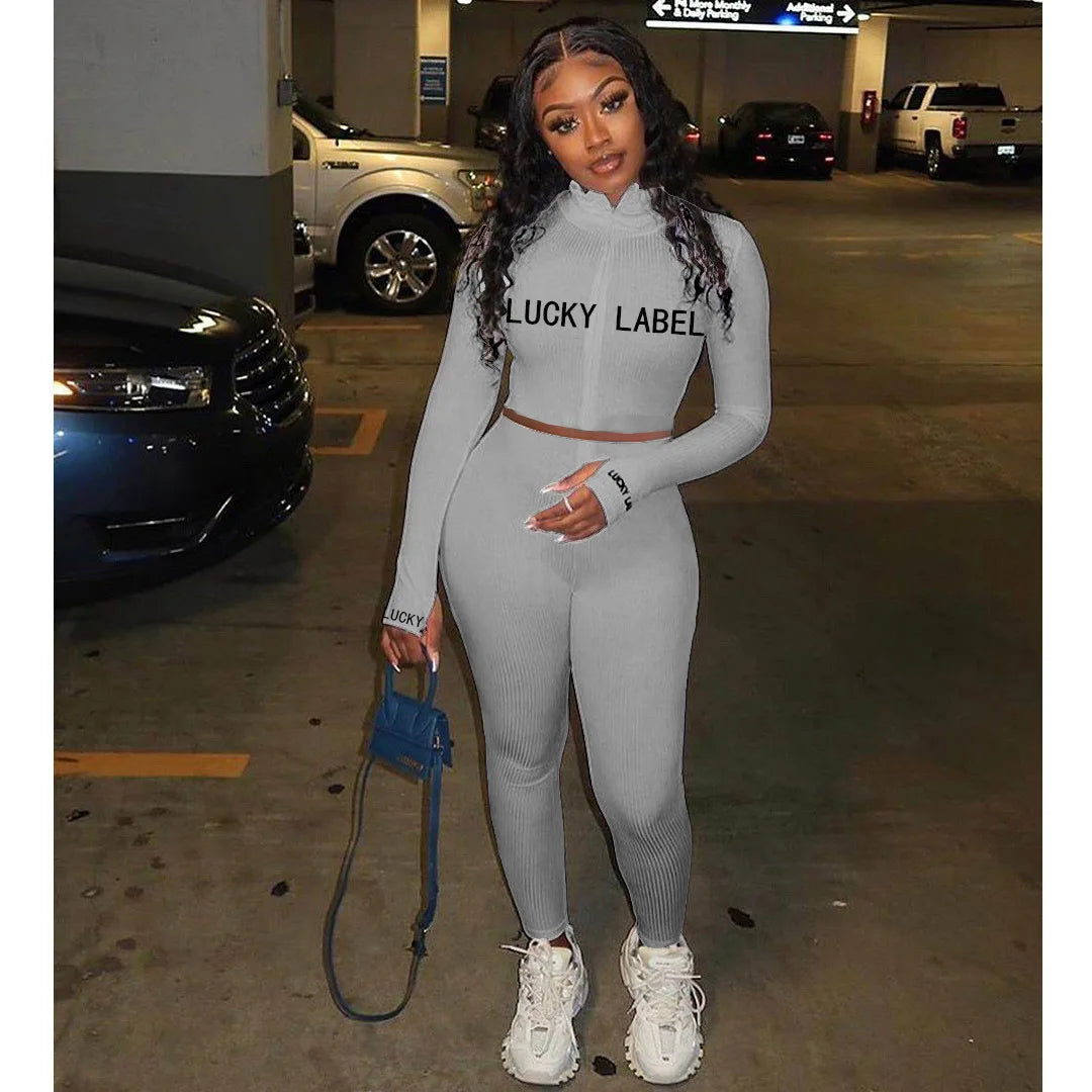 Women's High-Necked 2-Piece Sport Suit with Embroidered Letters And Zipper Casual Polyester Pant Set