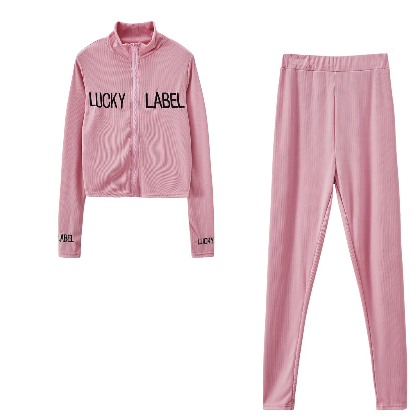 Women's High-Necked 2-Piece Sport Suit with Embroidered Letters And Zipper Casual Polyester Pant Set