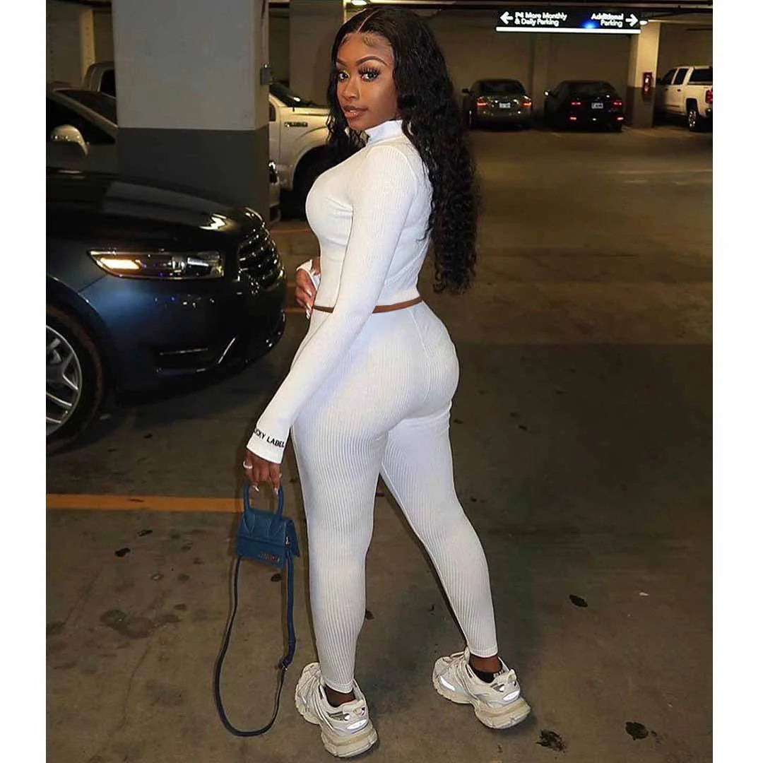 Women's High-Necked 2-Piece Sport Suit with Embroidered Letters And Zipper Casual Polyester Pant Set