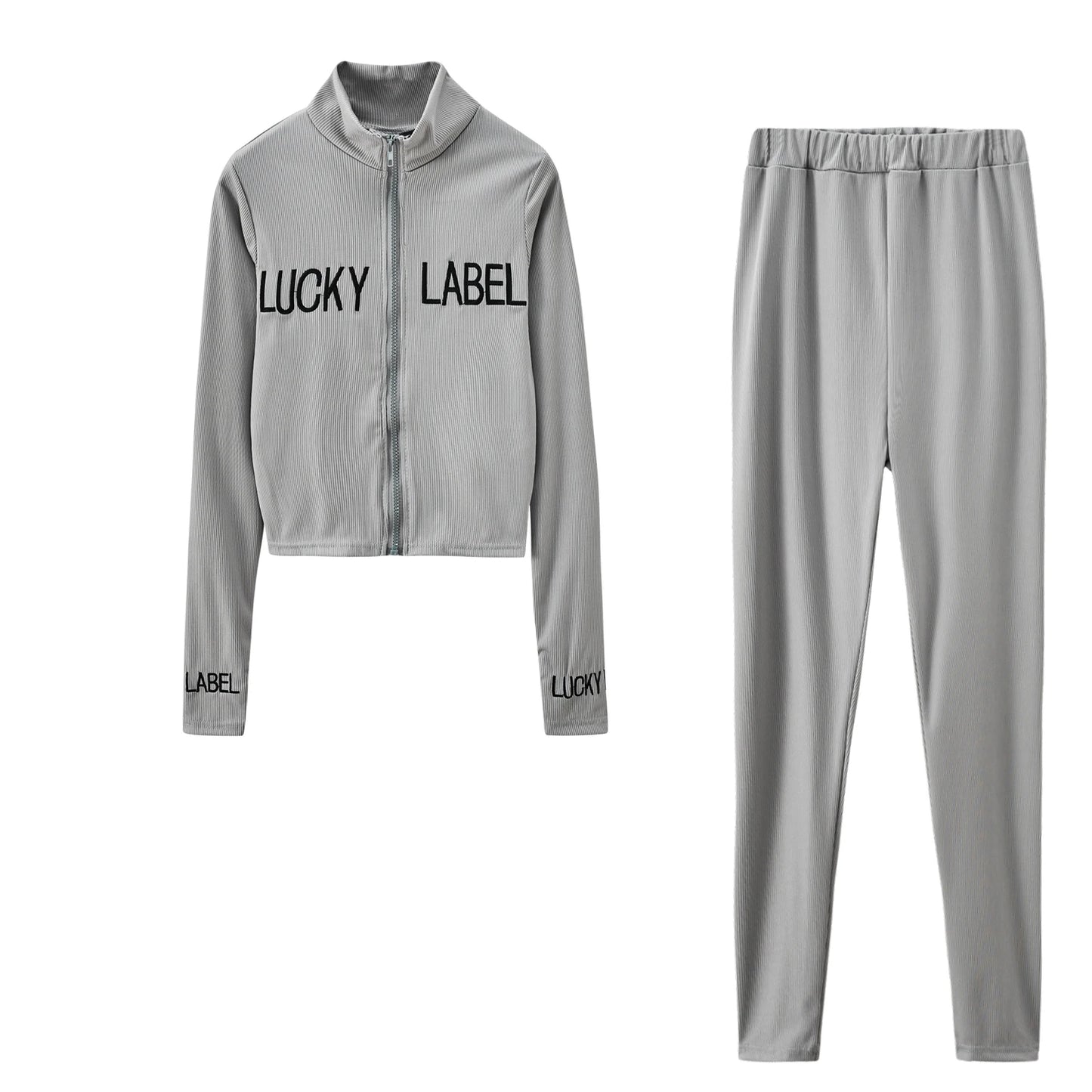 Women's High-Necked 2-Piece Sport Suit with Embroidered Letters And Zipper Casual Polyester Pant Set