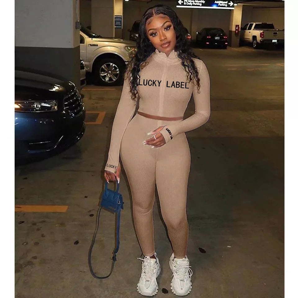 Women's High-Necked 2-Piece Sport Suit with Embroidered Letters And Zipper Casual Polyester Pant Set
