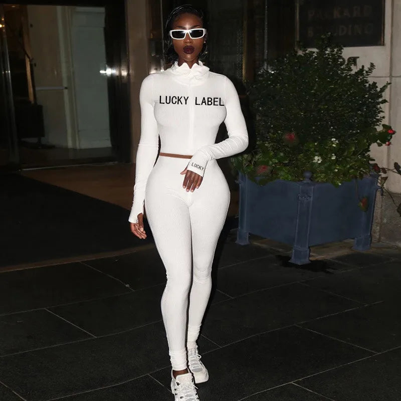 Women's High-Necked 2-Piece Sport Suit with Embroidered Letters And Zipper Casual Polyester Pant Set