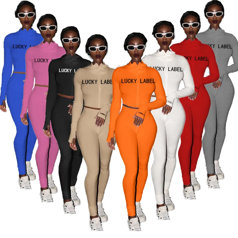 Women's High-Necked 2-Piece Sport Suit with Embroidered Letters And Zipper Casual Polyester Pant Set