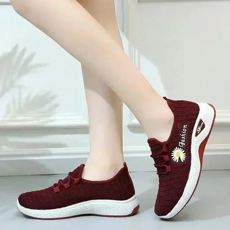 Women's Casual Sports Shoes Autumn Style Lace-Up True Fly Weaving Cloth Little Daisy Pattern Comfortable Walking Flats