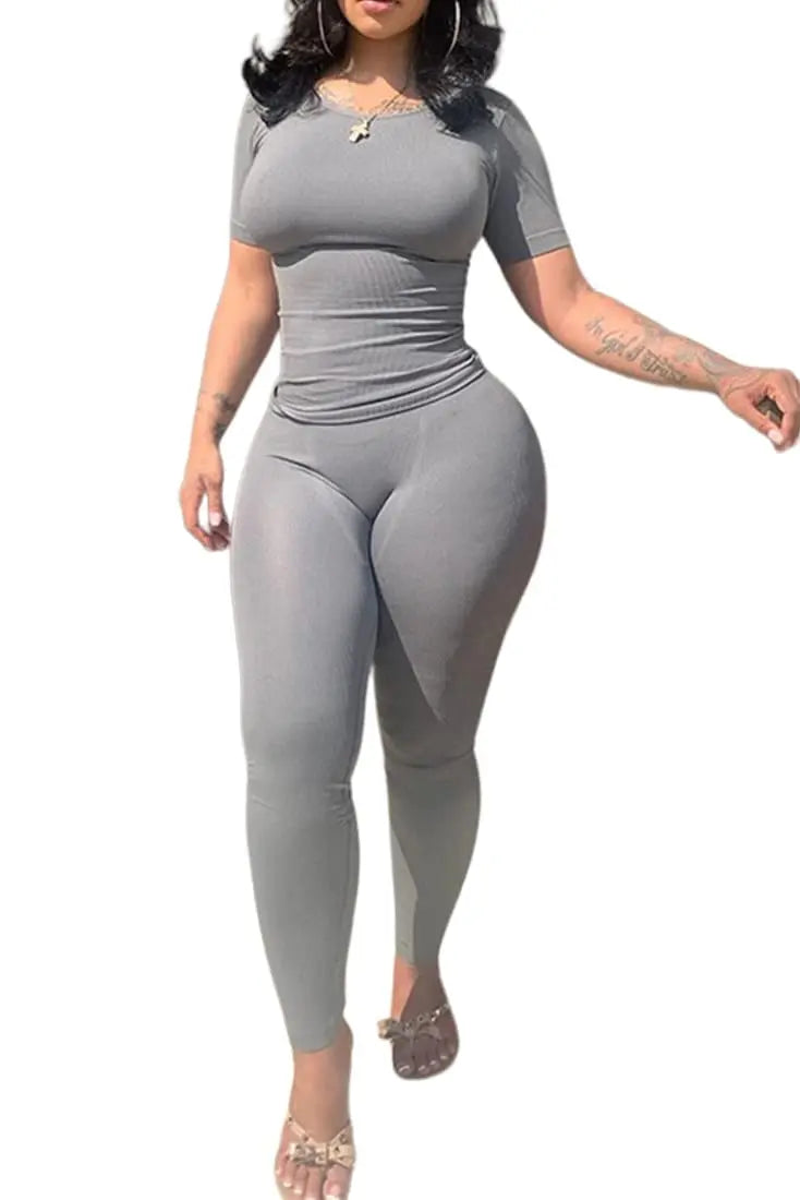 Women's Ribbed Lounge Wear 2 Piece Set Casual Summer Outfit Sleeve Top with Elastic Leggings Junior Size Eye Catching Solid Color