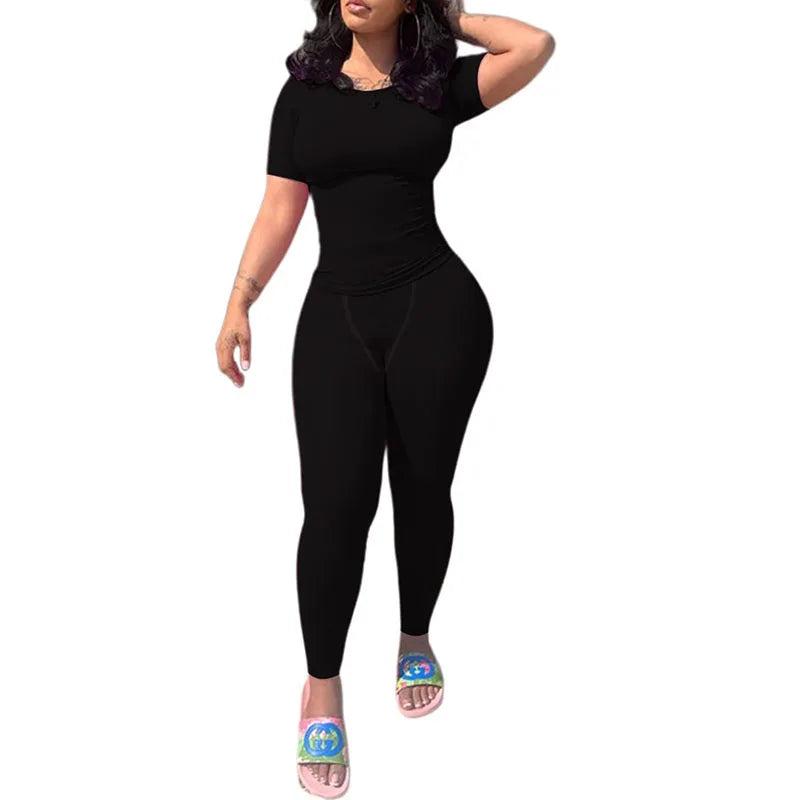 Women's Ribbed Lounge Wear 2 Piece Set Casual Summer Outfit Sleeve Top with Elastic Leggings Junior Size Eye Catching Solid Color