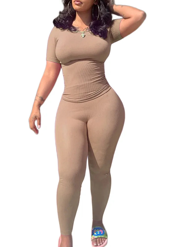 Women's Ribbed Lounge Wear 2 Piece Set Casual Summer Outfit Sleeve Top with Elastic Leggings Junior Size Eye Catching Solid Color