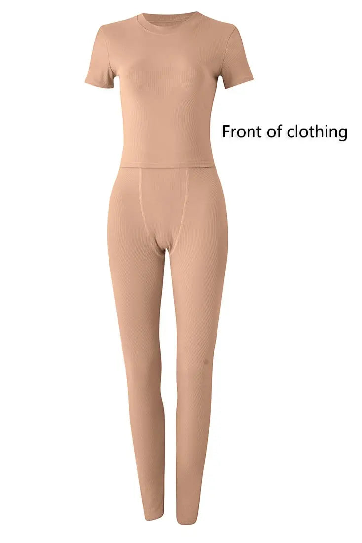Women's Ribbed Lounge Wear 2 Piece Set Casual Summer Outfit Sleeve Top with Elastic Leggings Junior Size Eye Catching Solid Color