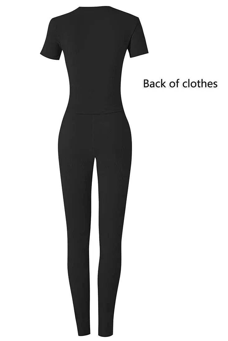 Women's Ribbed Lounge Wear 2 Piece Set Casual Summer Outfit Sleeve Top with Elastic Leggings Junior Size Eye Catching Solid Color