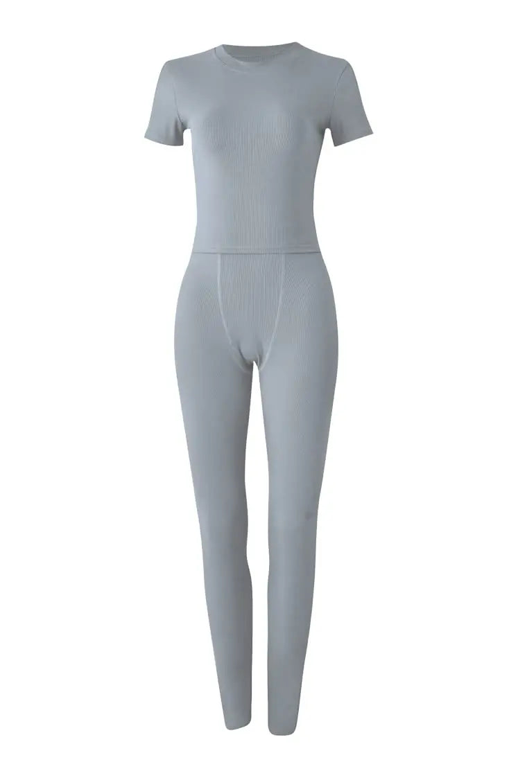Women's Ribbed Lounge Wear 2 Piece Set Casual Summer Outfit Sleeve Top with Elastic Leggings Junior Size Eye Catching Solid Color