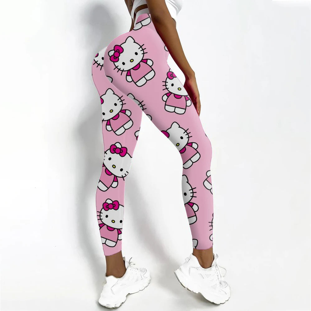 Women's Hello Kitty Print Sports Leggings Fitness Yoga Pants Stretchy Sexy Running Gym Tights Quick Dry Ankle-Length Casual