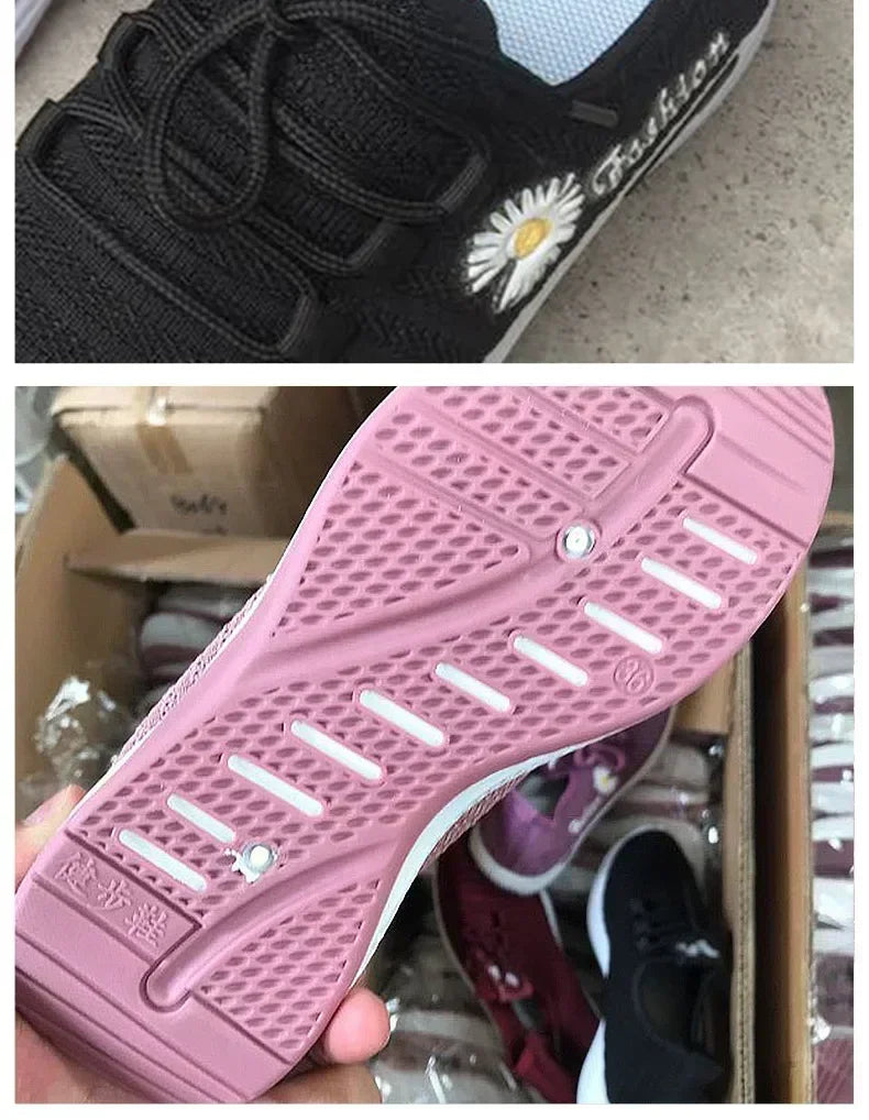 Women's Casual Sports Shoes Autumn Style Lace-Up True Fly Weaving Cloth Little Daisy Pattern Comfortable Walking Flats