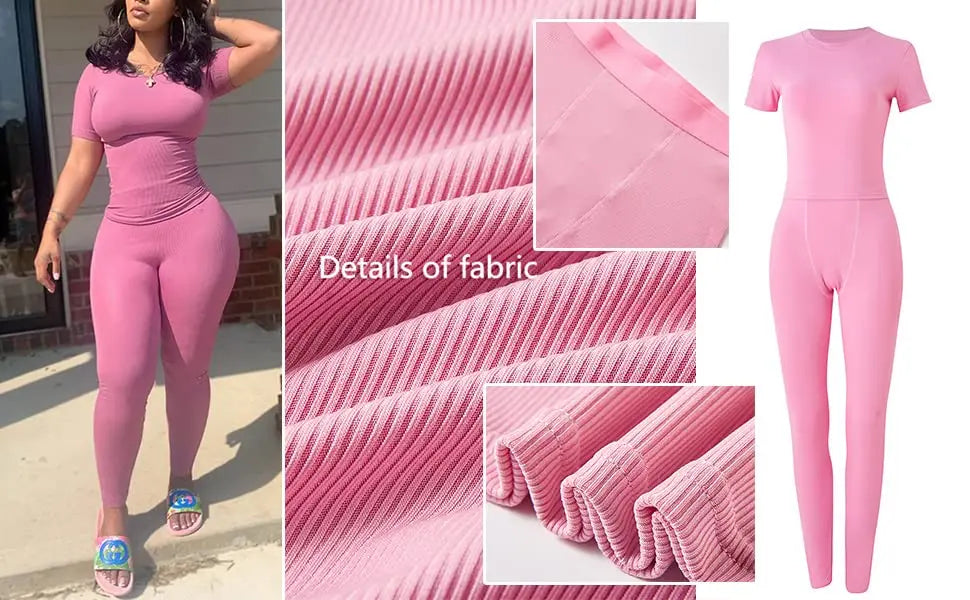 Women's Ribbed Lounge Wear 2 Piece Set Casual Summer Outfit Sleeve Top with Elastic Leggings Junior Size Eye Catching Solid Color