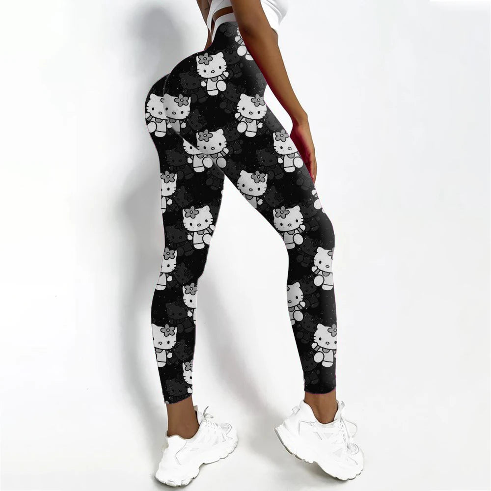 Women's Hello Kitty Print Sports Leggings Fitness Yoga Pants Stretchy Sexy Running Gym Tights Quick Dry Ankle-Length Casual