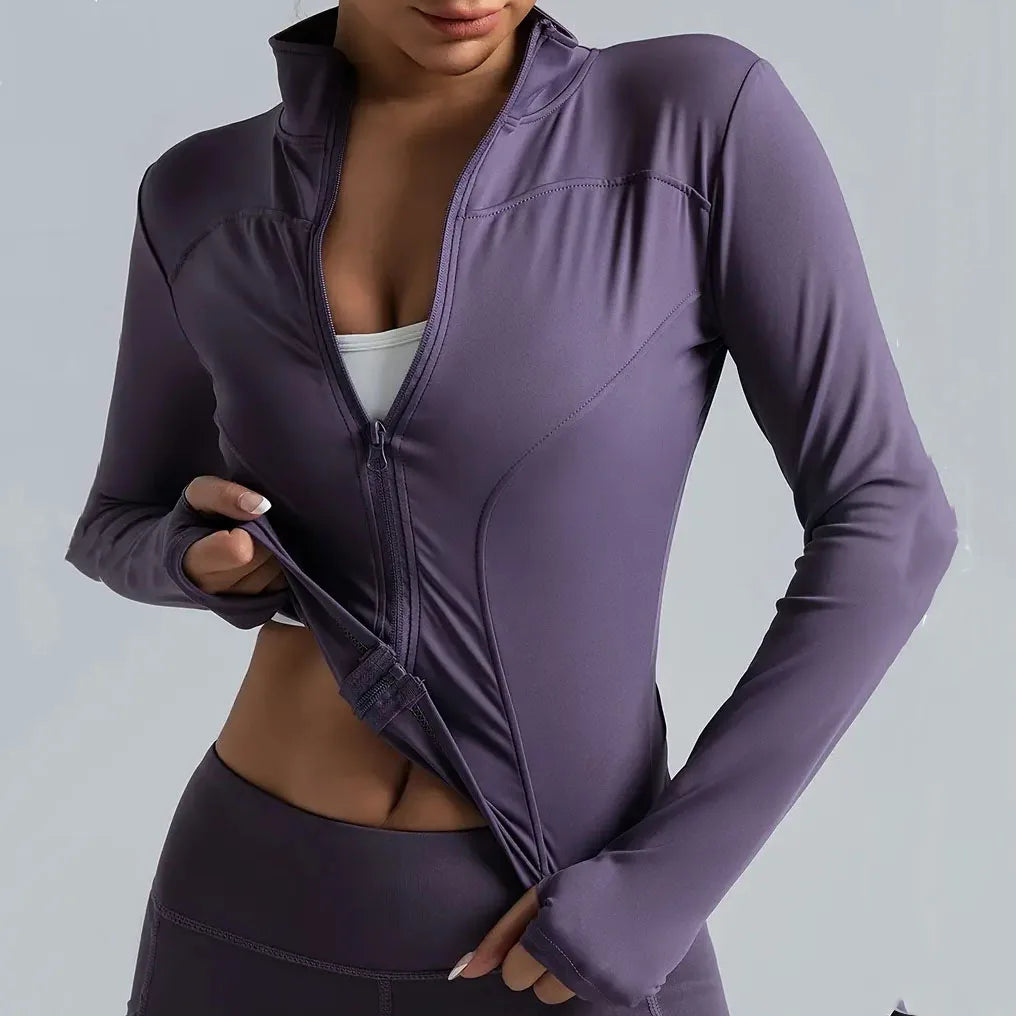 Women's Lightweight Stretchy Zip-Up Running Jacket Quick Dry Breathable Yoga Sportswear with Thumb Holes High Neck Fitness Clothes