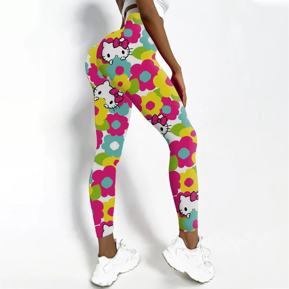Women's Hello Kitty Print Sports Leggings Fitness Yoga Pants Stretchy Sexy Running Gym Tights Quick Dry Ankle-Length Casual