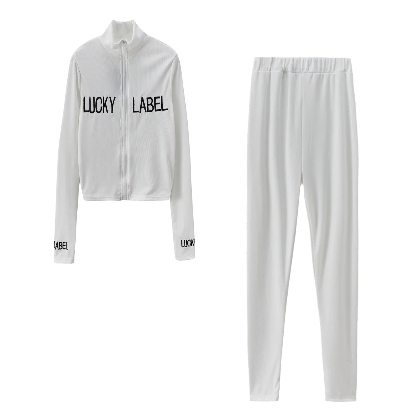 Women's High-Necked 2-Piece Sport Suit with Embroidered Letters And Zipper Casual Polyester Pant Set