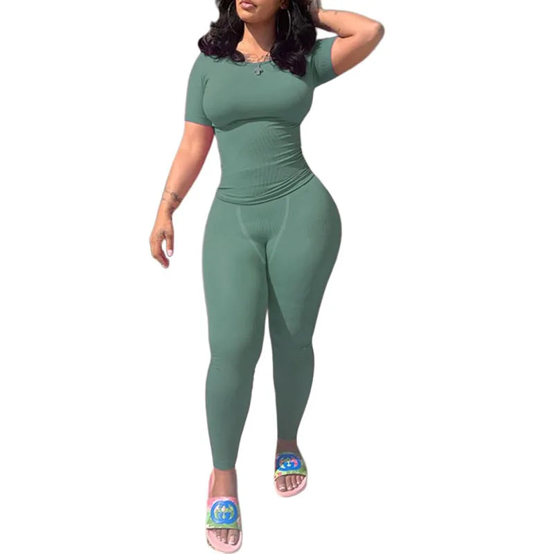 Women's Ribbed Lounge Wear 2 Piece Set Casual Summer Outfit Sleeve Top with Elastic Leggings Junior Size Eye Catching Solid Color