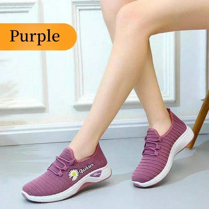 Women's Casual Sports Shoes Autumn Style Lace-Up True Fly Weaving Cloth Little Daisy Pattern Comfortable Walking Flats
