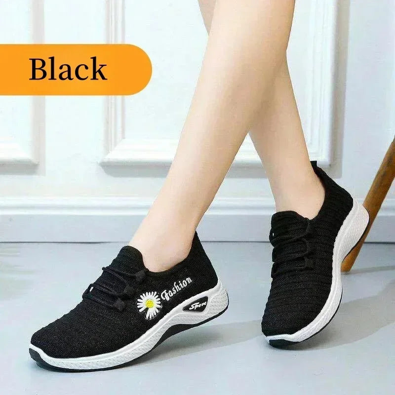 Women's Casual Sports Shoes Autumn Style Lace-Up True Fly Weaving Cloth Little Daisy Pattern Comfortable Walking Flats