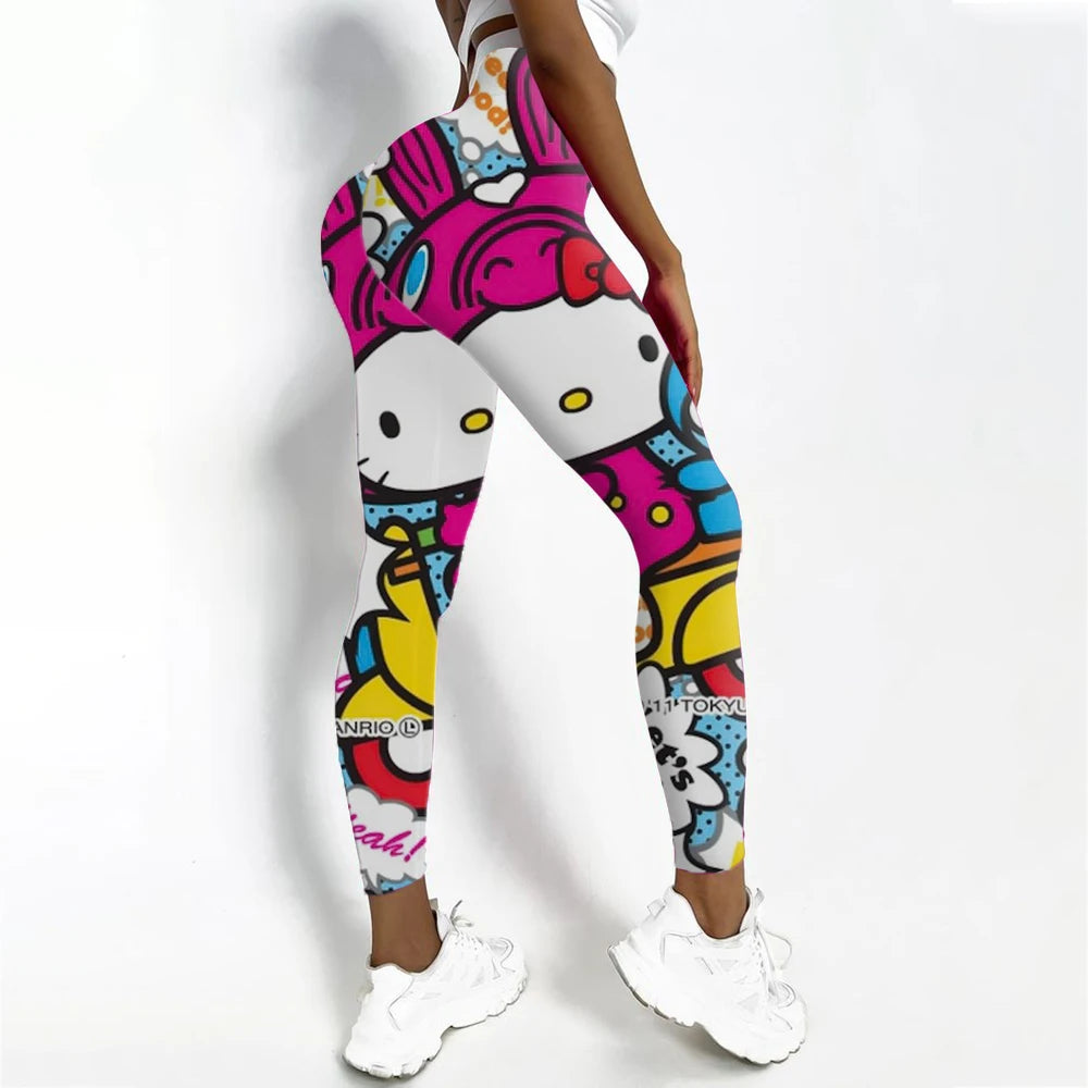 Women's Hello Kitty Print Sports Leggings Fitness Yoga Pants Stretchy Sexy Running Gym Tights Quick Dry Ankle-Length Casual