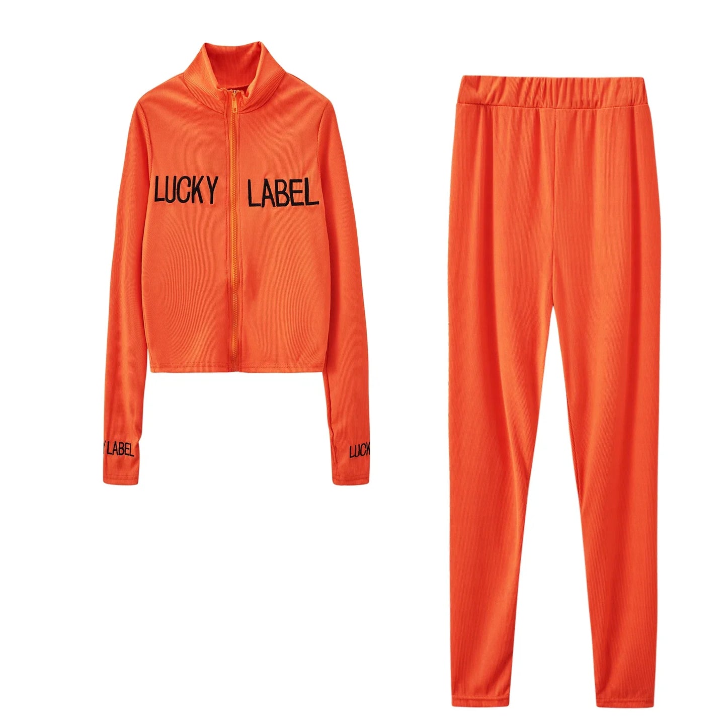 Women's High-Necked 2-Piece Sport Suit with Embroidered Letters And Zipper Casual Polyester Pant Set