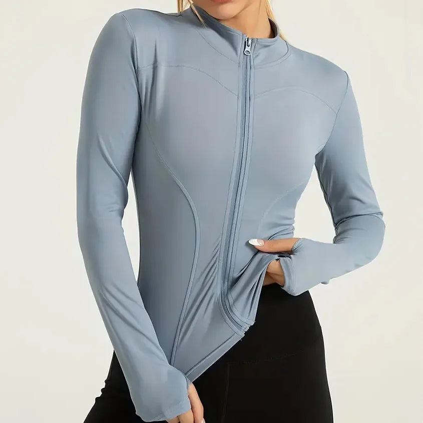 Women's Lightweight Stretchy Zip-Up Running Jacket Quick Dry Breathable Yoga Sportswear with Thumb Holes High Neck Fitness Clothes