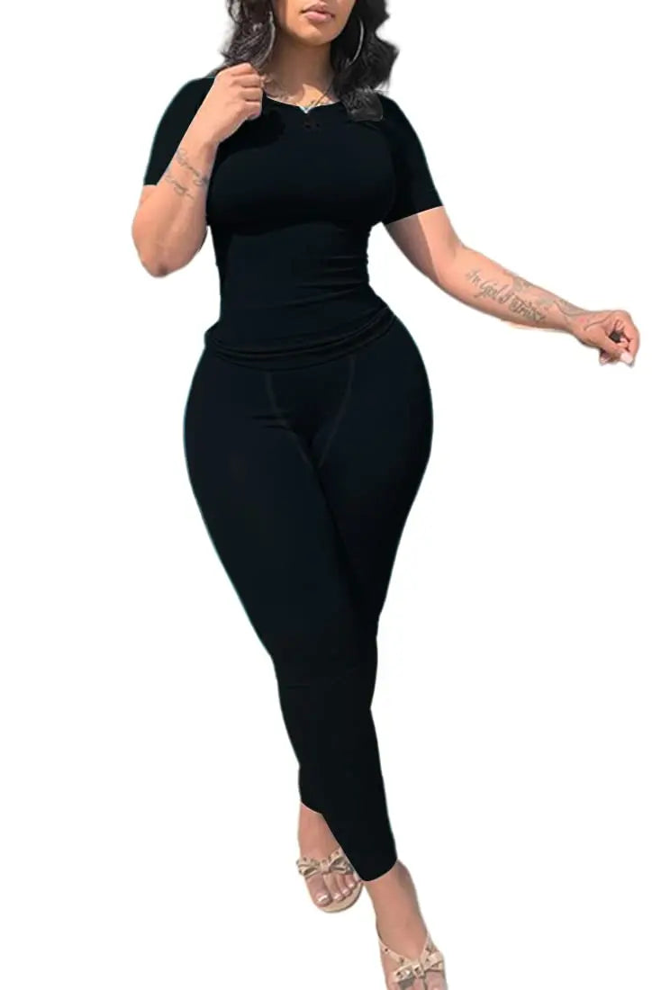 Women's Ribbed Lounge Wear 2 Piece Set Casual Summer Outfit Sleeve Top with Elastic Leggings Junior Size Eye Catching Solid Color