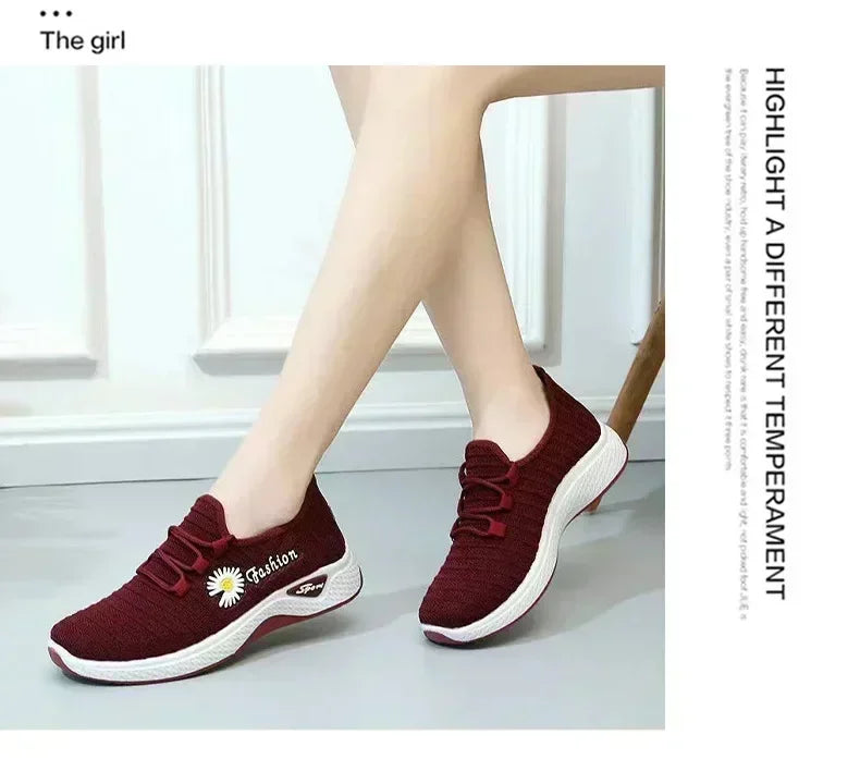 Women's Casual Sports Shoes Autumn Style Lace-Up True Fly Weaving Cloth Little Daisy Pattern Comfortable Walking Flats