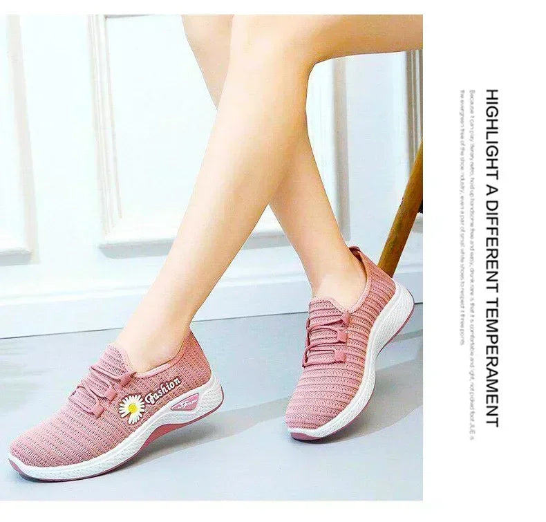 Women's Casual Sports Shoes Autumn Style Lace-Up True Fly Weaving Cloth Little Daisy Pattern Comfortable Walking Flats