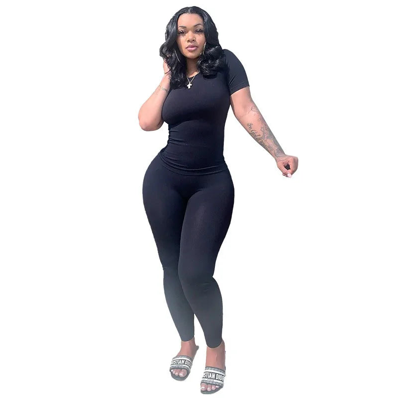 Women's Ribbed Lounge Wear 2 Piece Set Casual Summer Outfit Sleeve Top with Elastic Leggings Junior Size Eye Catching Solid Color