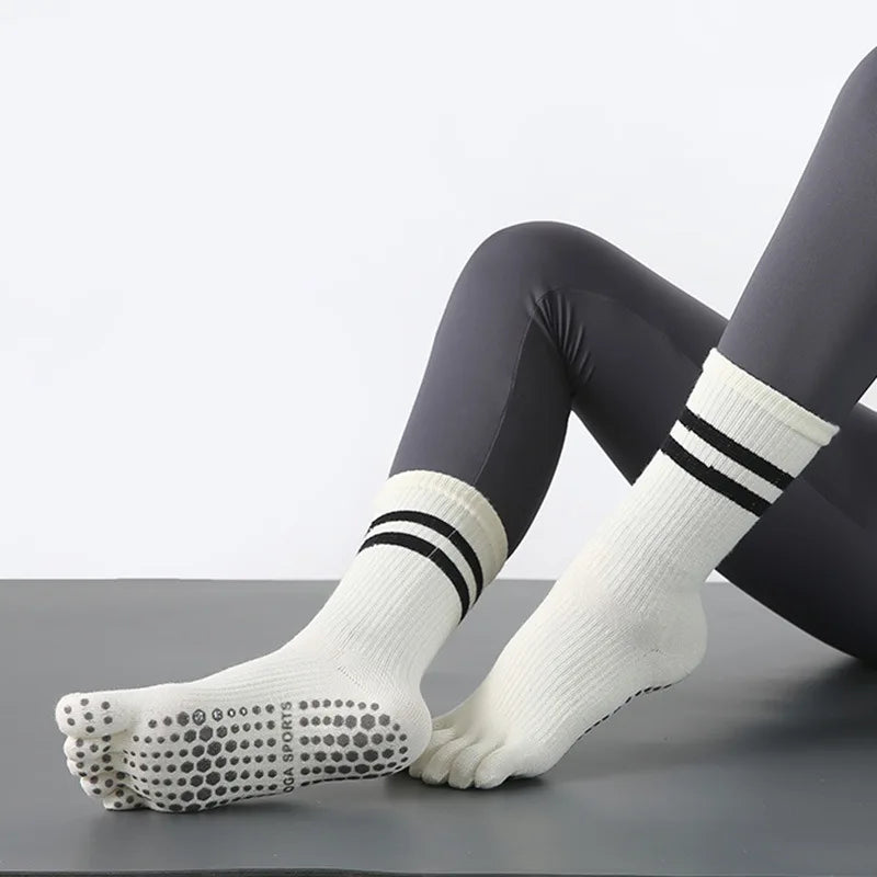 Five Toes Yoga Socks Women Casual Striped Indoor Floor Dance Sports Socks Cotton Breathable Non-slip Gym Fitness Pilates Socks