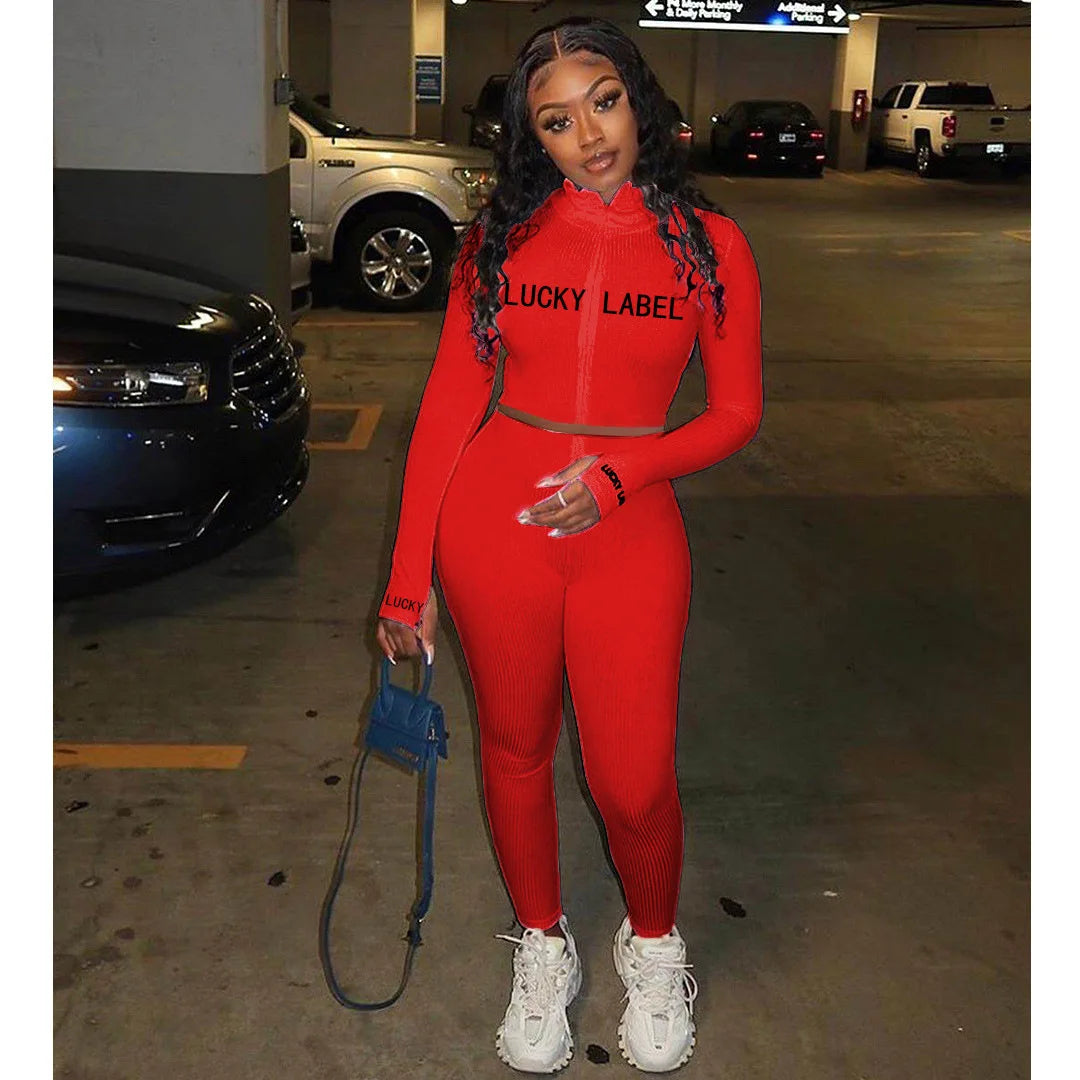 Women's High-Necked 2-Piece Sport Suit with Embroidered Letters And Zipper Casual Polyester Pant Set