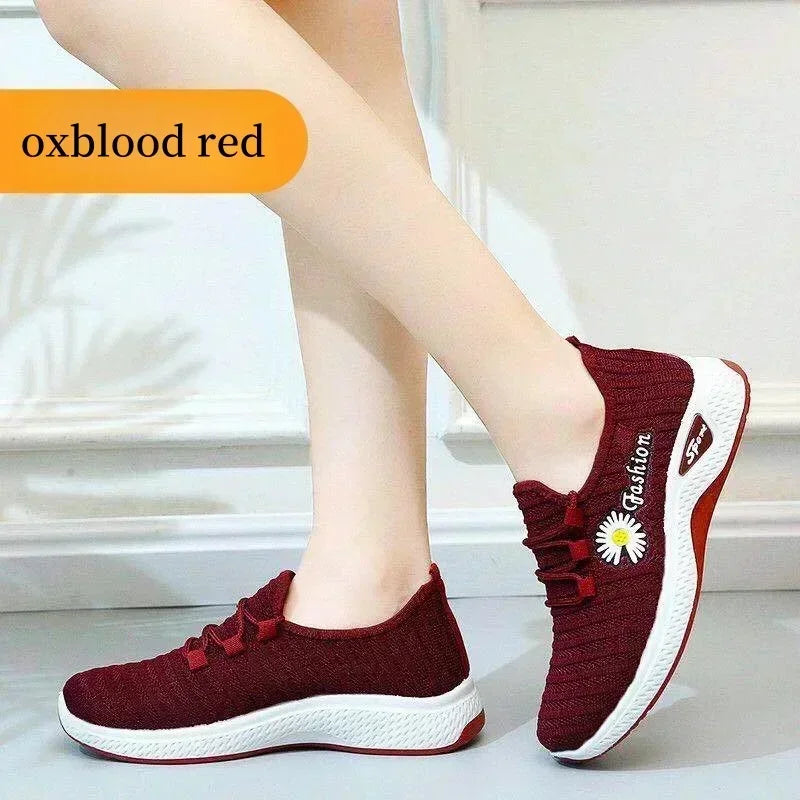 Women's Casual Sports Shoes Autumn Style Lace-Up True Fly Weaving Cloth Little Daisy Pattern Comfortable Walking Flats