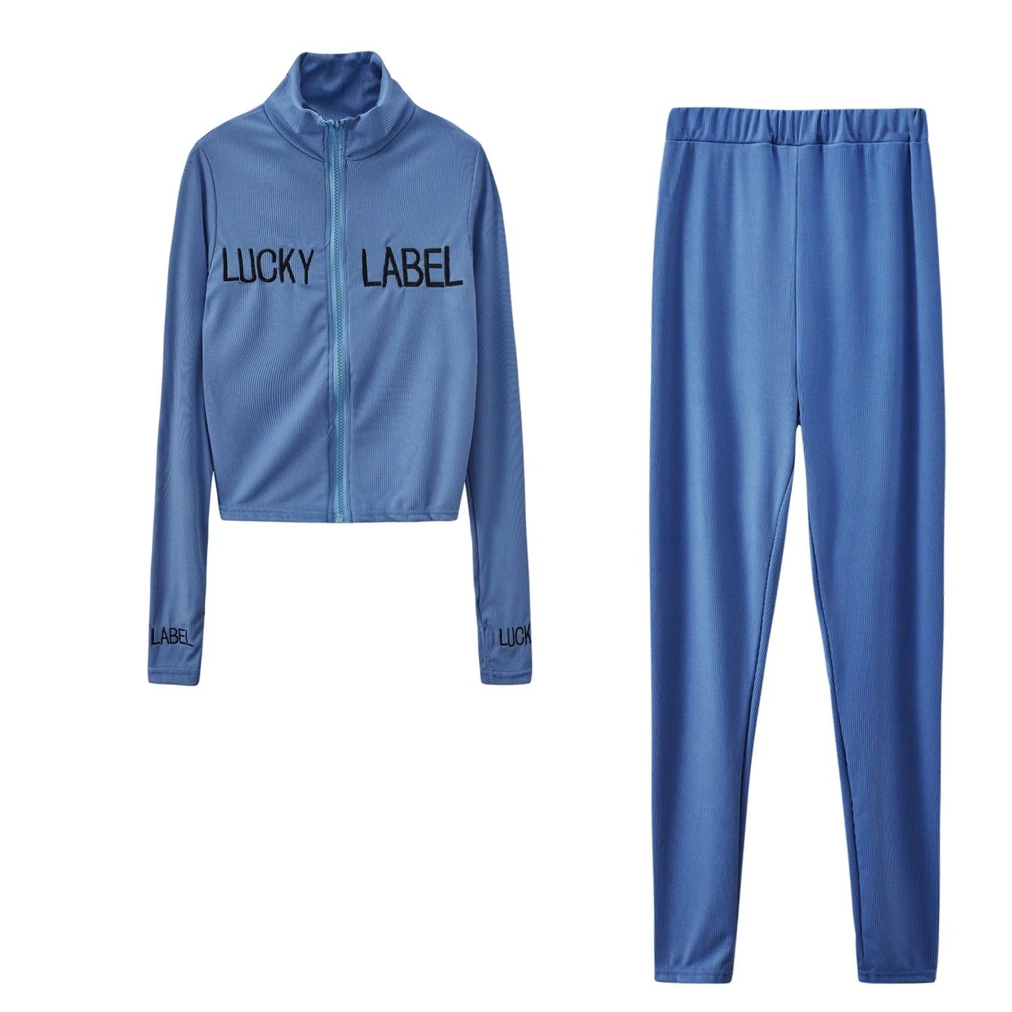 Women's High-Necked 2-Piece Sport Suit with Embroidered Letters And Zipper Casual Polyester Pant Set