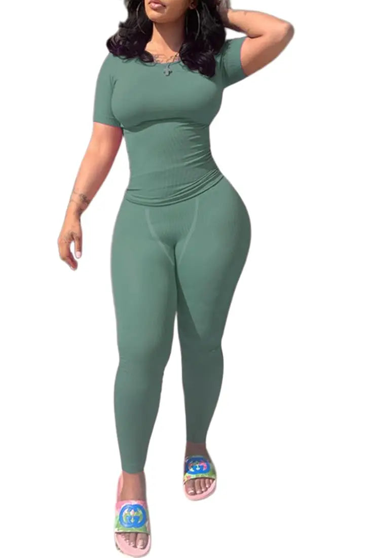 Women's Ribbed Lounge Wear 2 Piece Set Casual Summer Outfit Sleeve Top with Elastic Leggings Junior Size Eye Catching Solid Color
