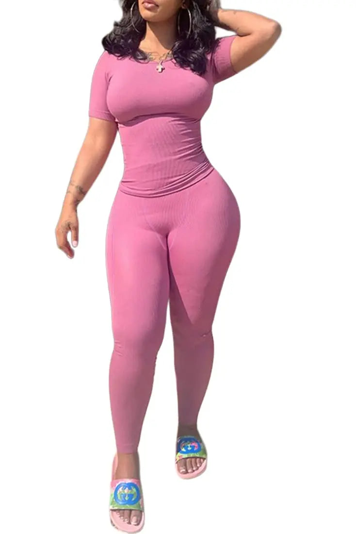 Women's Ribbed Lounge Wear 2 Piece Set Casual Summer Outfit Sleeve Top with Elastic Leggings Junior Size Eye Catching Solid Color
