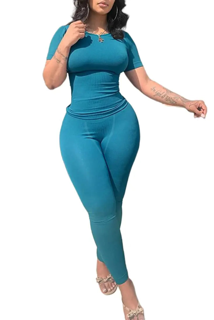 Women's Ribbed Lounge Wear 2 Piece Set Casual Summer Outfit Sleeve Top with Elastic Leggings Junior Size Eye Catching Solid Color