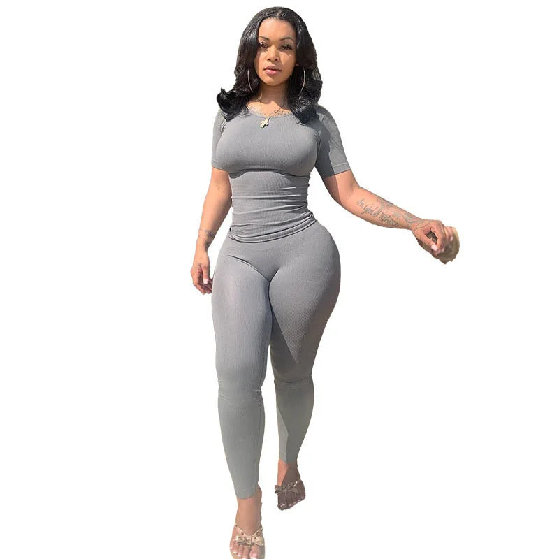 Women's Ribbed Lounge Wear 2 Piece Set Casual Summer Outfit Sleeve Top with Elastic Leggings Junior Size Eye Catching Solid Color