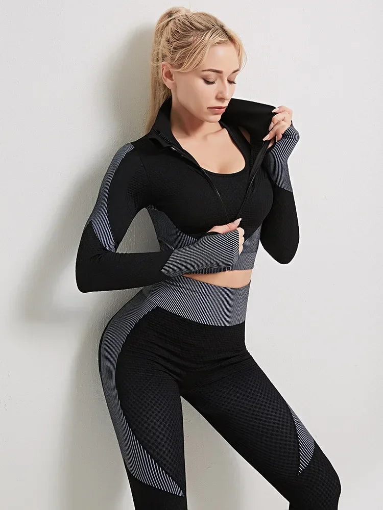 Women's Yoga Set for Gym Fitness Outfit with Zipper Long Sleeve Crop Bra Top and Leggings Separately Sold