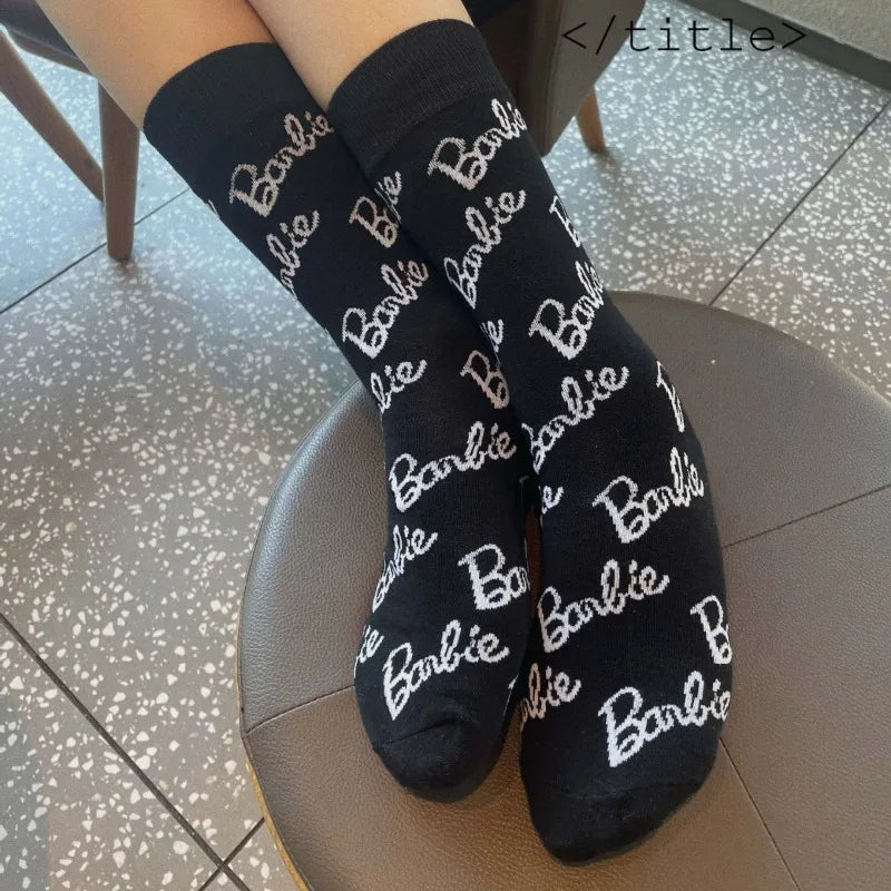 MINISO Barbie Alphabet Socks for Men Women Trendy All-Print Dopamine Sports Yoga Fitness Equipment Girls Fashion Items Keep Short Eye Catching
