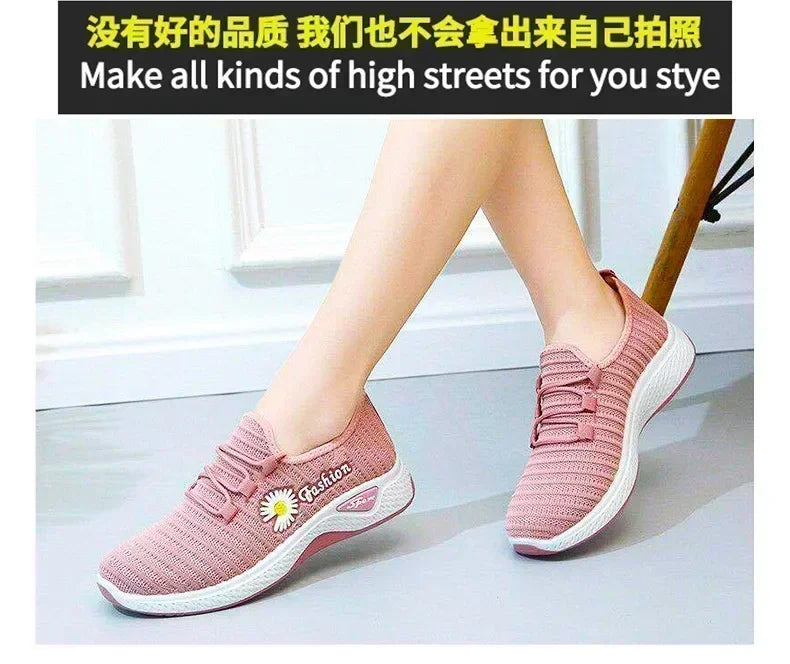Women's Casual Sports Shoes Autumn Style Lace-Up True Fly Weaving Cloth Little Daisy Pattern Comfortable Walking Flats
