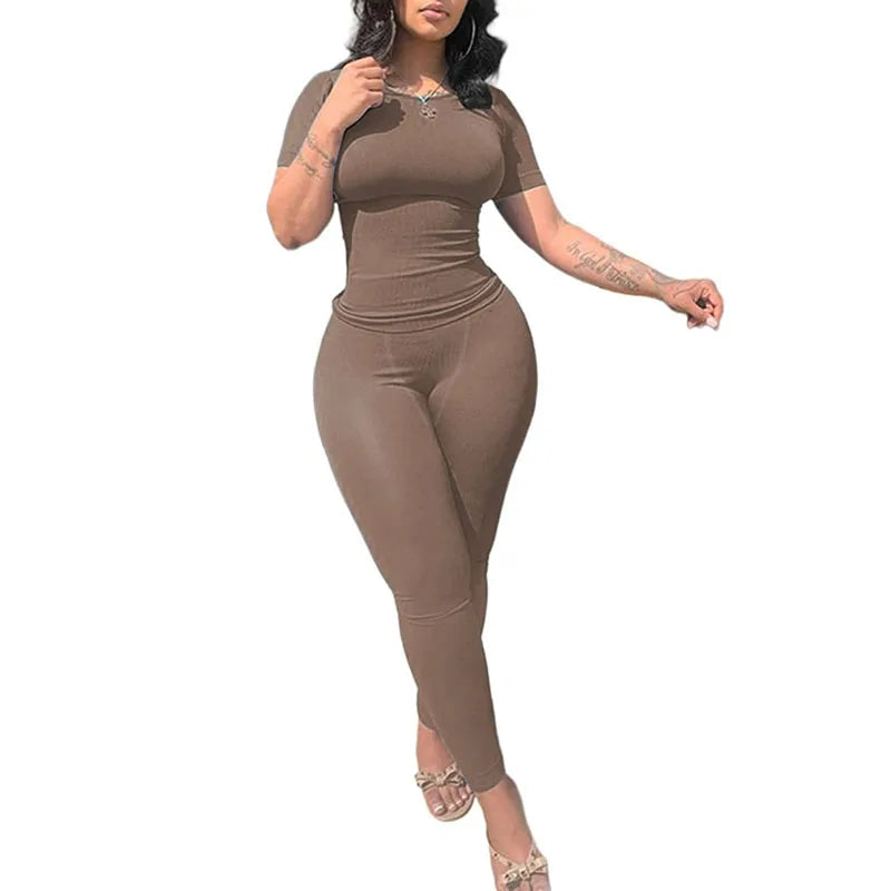 Women's Ribbed Lounge Wear 2 Piece Set Casual Summer Outfit Sleeve Top with Elastic Leggings Junior Size Eye Catching Solid Color