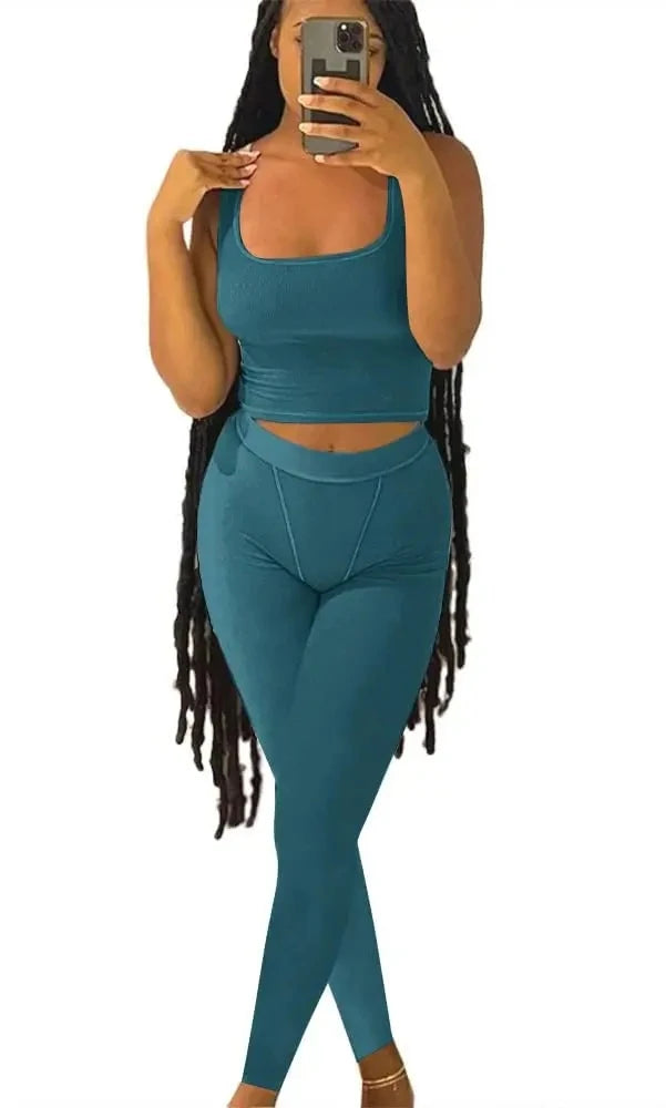Women's Ribbed Lounge Wear 2 Piece Set Casual Summer Outfit Sleeve Top with Elastic Leggings Junior Size Eye Catching Solid Color