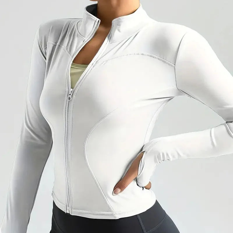 Women's Lightweight Stretchy Zip-Up Running Jacket Quick Dry Breathable Yoga Sportswear with Thumb Holes High Neck Fitness Clothes