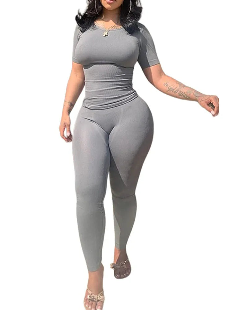 Women's Ribbed Lounge Wear 2 Piece Set Casual Summer Outfit Sleeve Top with Elastic Leggings Junior Size Eye Catching Solid Color